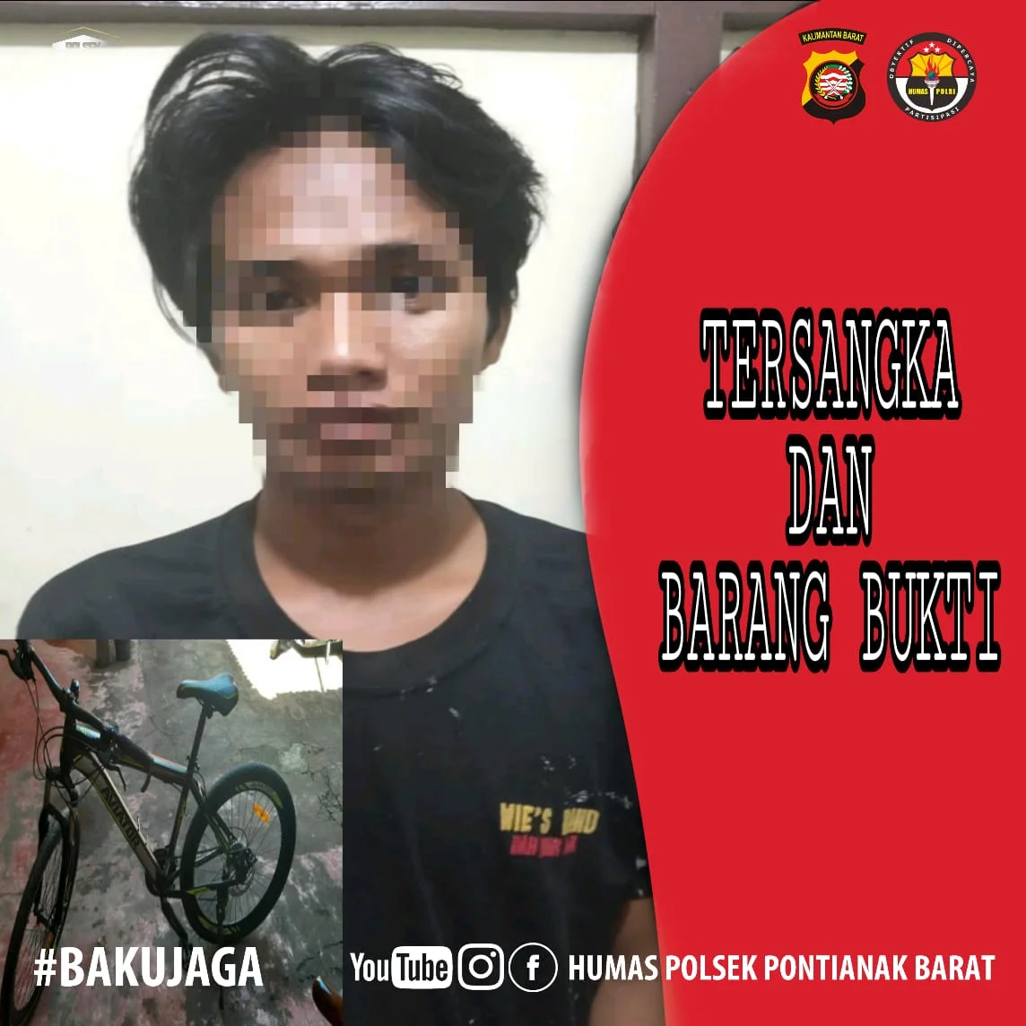 Tersangka seorang pria berinisial YA (24) yang melakukan pencurian sepeda di Jalan HR. A. Rahman Gg. Lawu Sungai Jawi Dalam Pontianak Barat