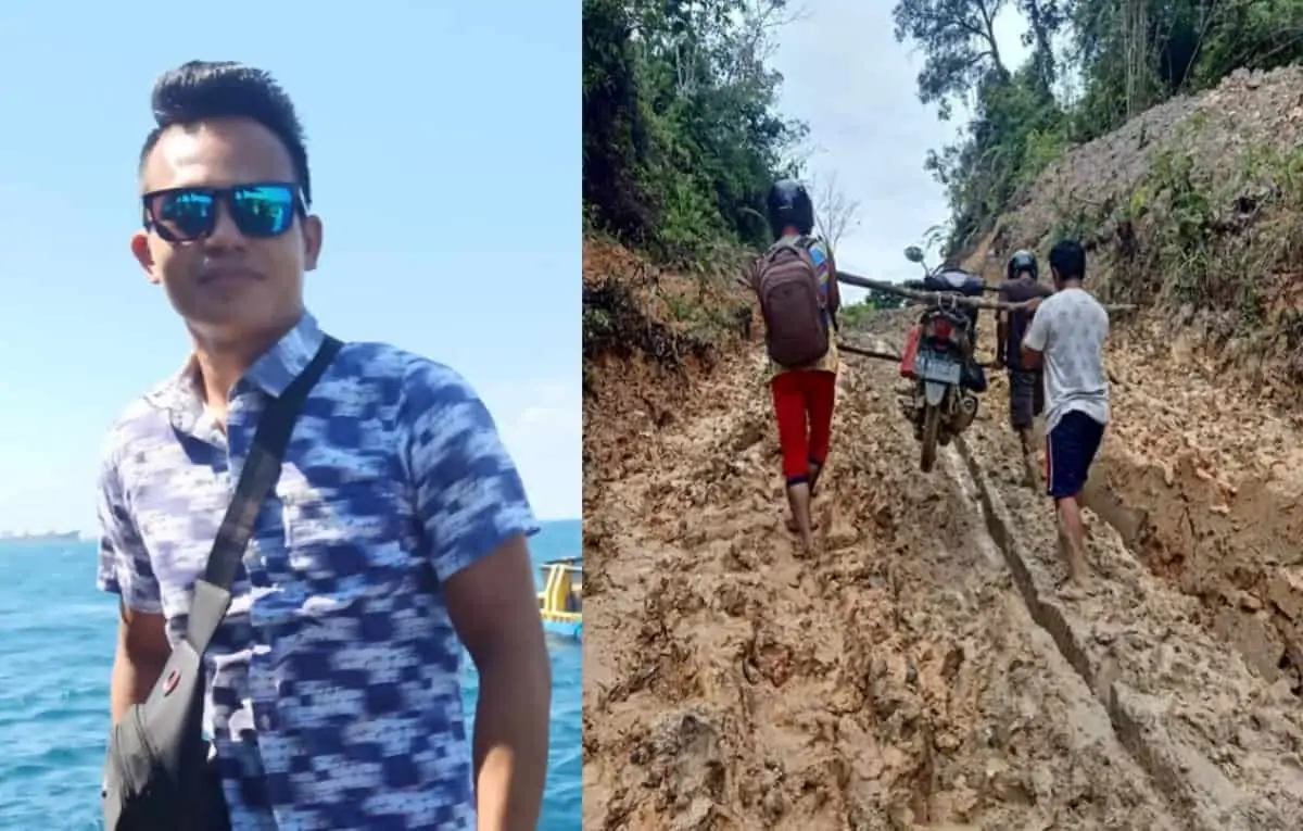 Jalan Rusak di Desa Sekendal Kab Landak/foto jalan rusak dan salah satu warga yang juga Pendeta di Dusun Kelepuk Desa Sekendal, Junaidi Aisun, M.Pd