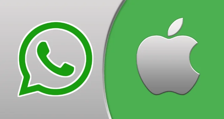 Kolase icon WhatsApp dan Apple.