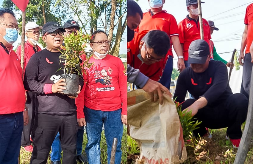 Tampak Sujiwo bersama jajaran pengurus DPD PDI Perjuangan Kalbar, Kader, sayap partai dan simpatisan melakukan penanaman pohon di jalan Arteri Supadio Kubu Raya