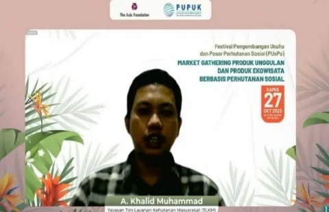 Perwakilan Yayasan Tim Layanan Kehutanan Masyarakat (TLKM), A. Kholid Muhammad dalam Festival Pengembangan Usaha dan Pasar Perhutanan Sosial (Festival PUsPA), Market Gathering Ekowisata berbasis Perhutanan yang digelar daring, Kamis (27/10/2022).