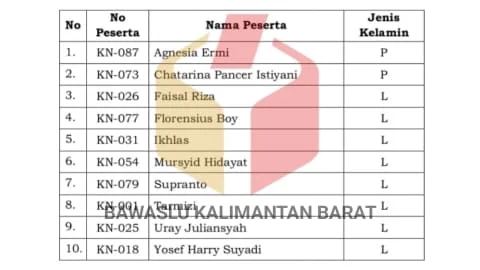 Daftar nama 10 calon Komisioner Bawaslu Provinsi Kalbar,- Foto/tangkapan layar.