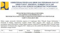 Balai Wilayah Sungai Kalimantan I Pontianak Buka Lowongan Kerja untuk 33 Posisi Tahun 2023