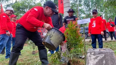 Bendahara DPD PDI Perjuangan Kalimantan Barat Sujiwo, SE., M.Sos, saat menanam pohon di Taman Teratai Mempawah, Sabtu (28/01/2023).