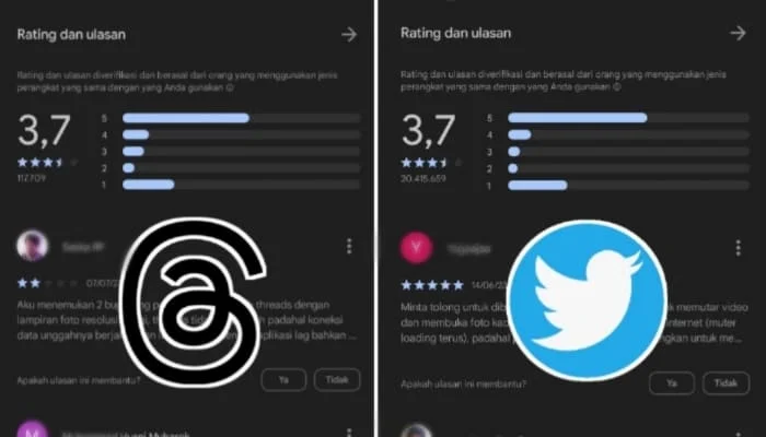 Perbedaan Threads dan Twitter Walaupun Rating Aplikasi di Play Store Sama 3,7