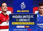 LINK Nonton Gratis Madura United vs Arema FC 21 November 2024: Cek Prediksi Susunan Pemain!