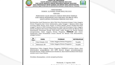 Dua Anggota Dewan Pengawas Independen Perumda Tirta Khatulistiwa Resmi Terpilih Periode 2025–2029